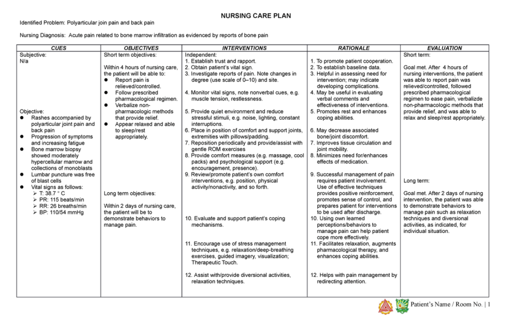Sample of Nursing care plan template